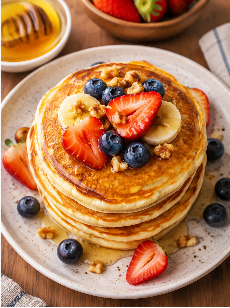 Panquecas Americanas Fofinhas com Mel e Frutas.
