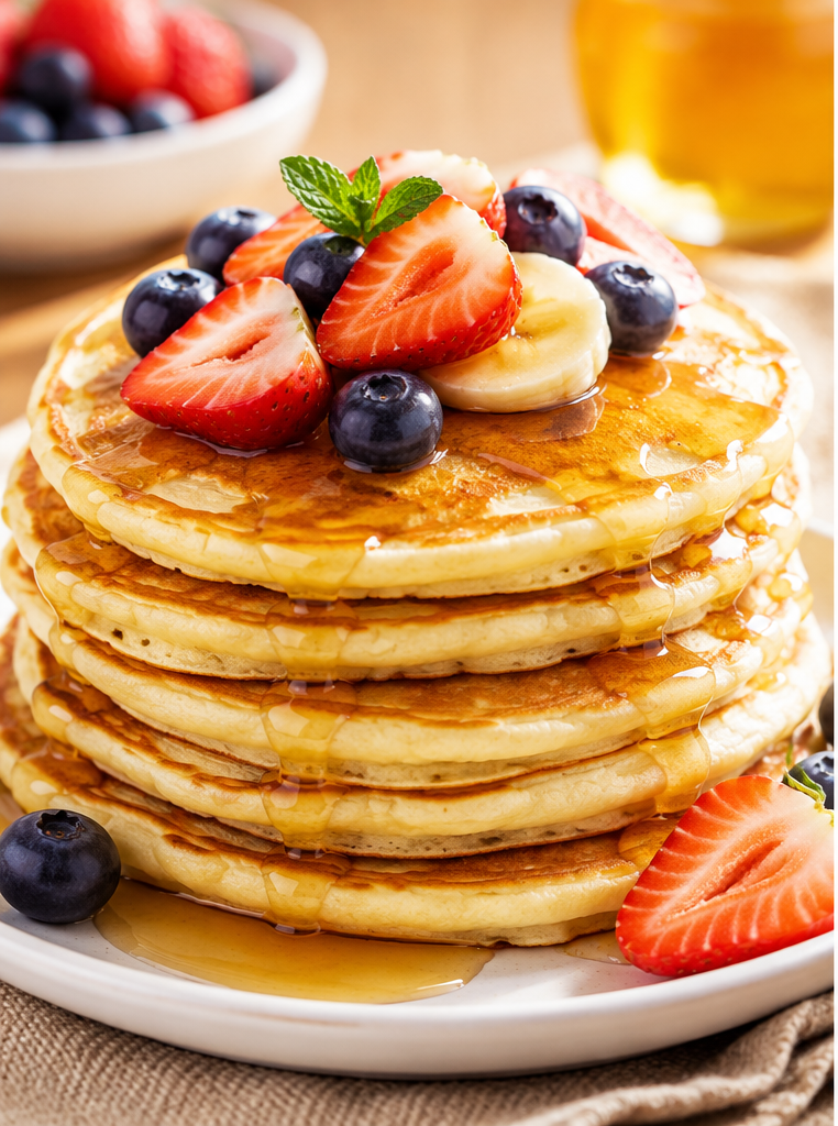 Panquecas Americanas Fofinhas com Mel e Frutas.