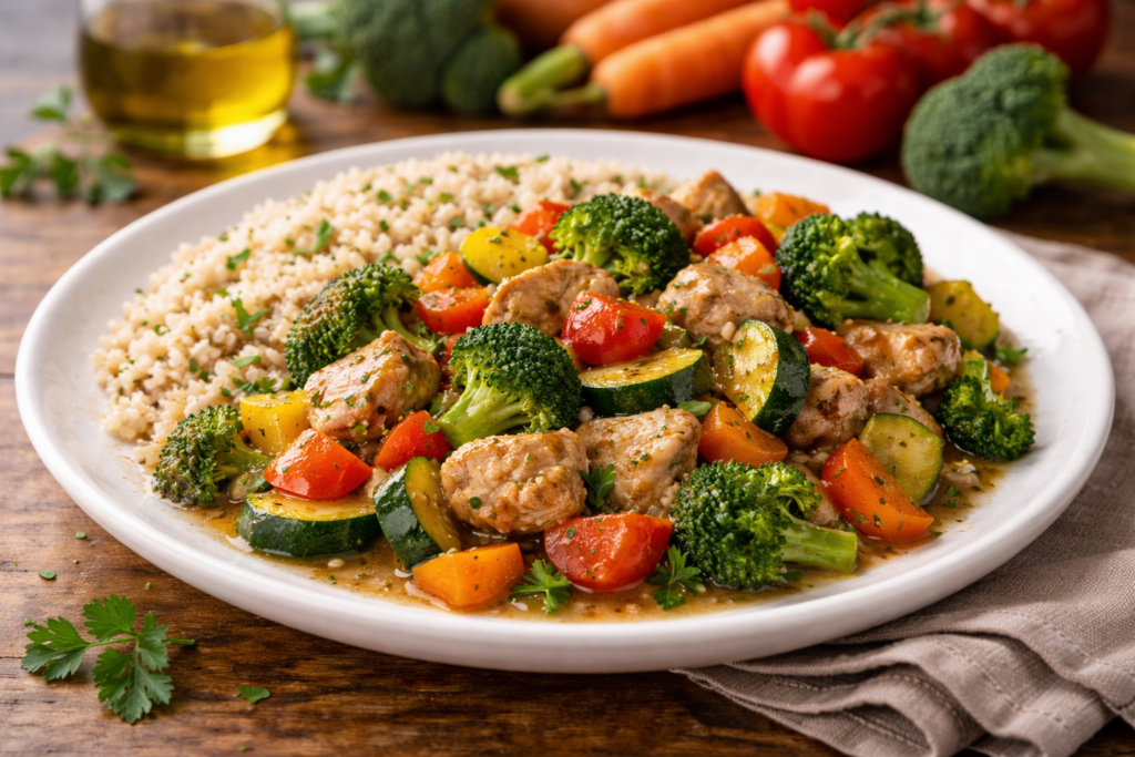 Refogado de Peru e Legumes com Arroz Integral: Sabor e Nutrição